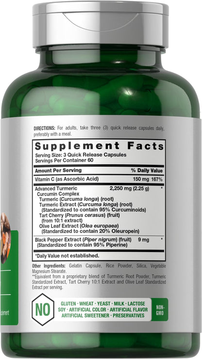 Horbaach Turmeric Curcumin 2250mg - 180 Capsules | Black Pepper & Tart Cherry, Non-GMO, Gluten Free