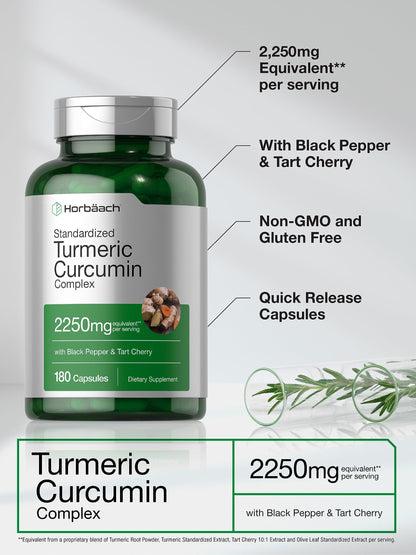 Horbaach Turmeric Curcumin 2250mg - 180 Capsules | Black Pepper & Tart Cherry, Non-GMO, Gluten Free