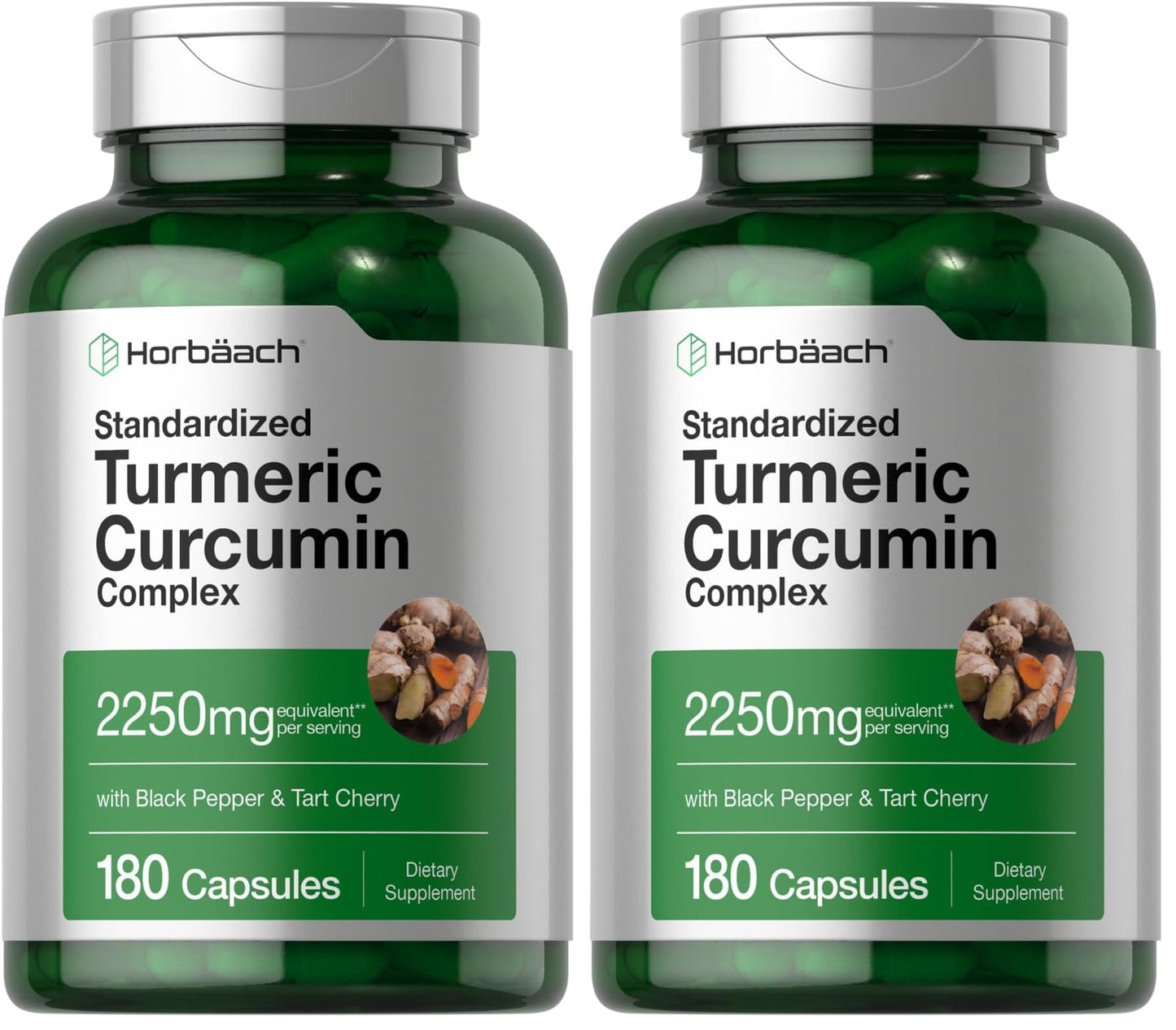 Horbäach Turmeric Curcumin 2250mg | 180 Capsules | Black Pepper & Tart Cherry | Non-GMO & Gluten Free (Pack of 2)