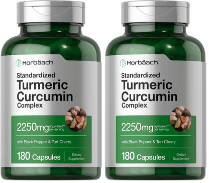 Horbäach Turmeric Curcumin 2250mg | 180 Capsules | Black Pepper & Tart Cherry | Non-GMO & Gluten Free (Pack of 2)