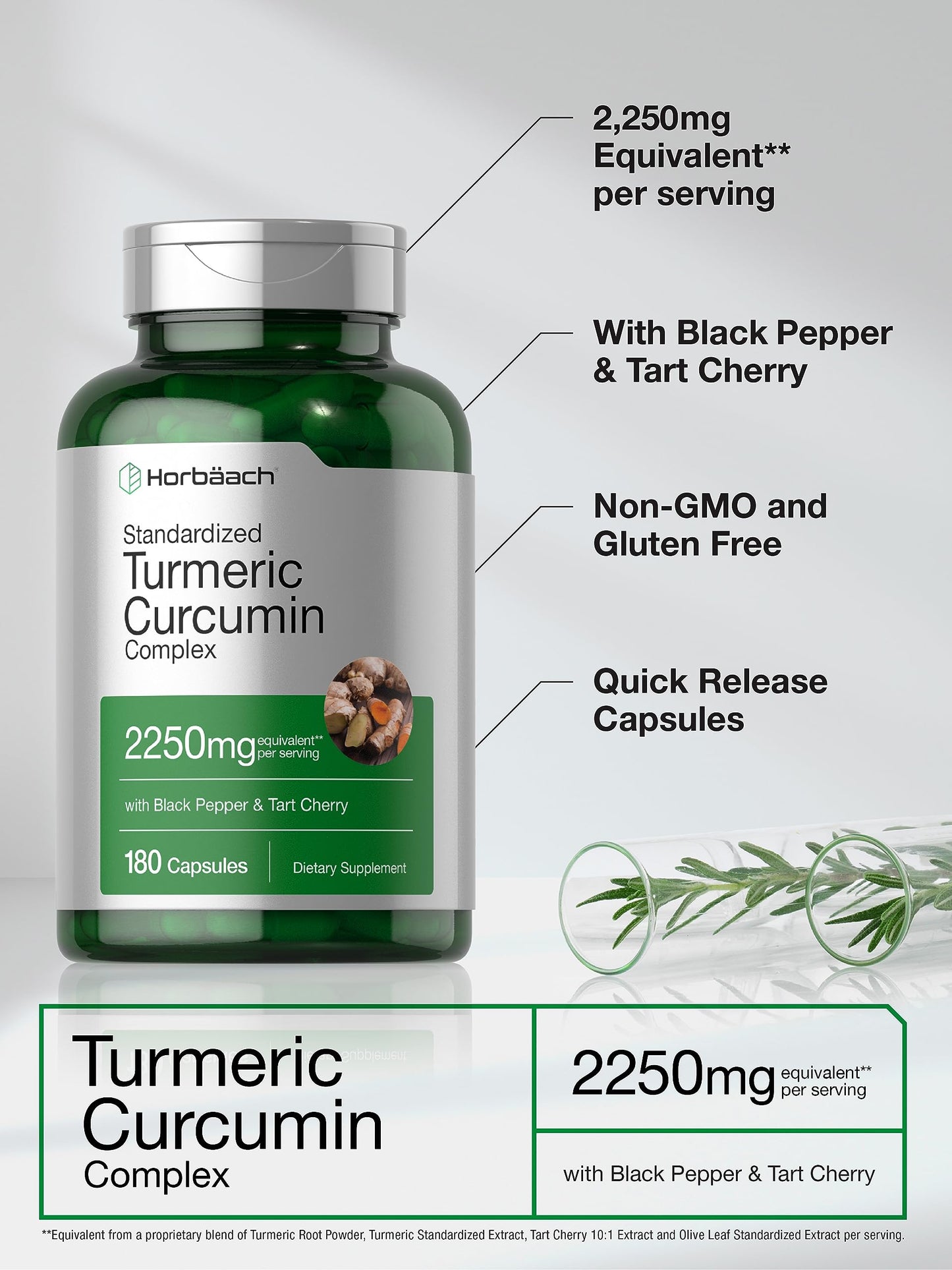 Horbäach Turmeric Curcumin 2250mg | 180 Capsules | Black Pepper & Tart Cherry | Non-GMO & Gluten Free (Pack of 2)