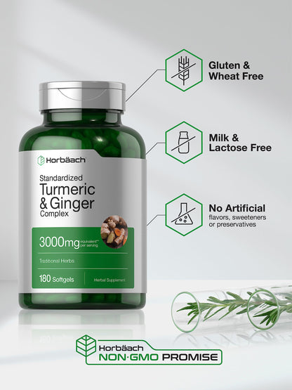 Horbäach Turmeric & Ginger Supplement 3000 mg | 180 Softgels | Black Pepper Extract | Non-GMO, Gluten Free