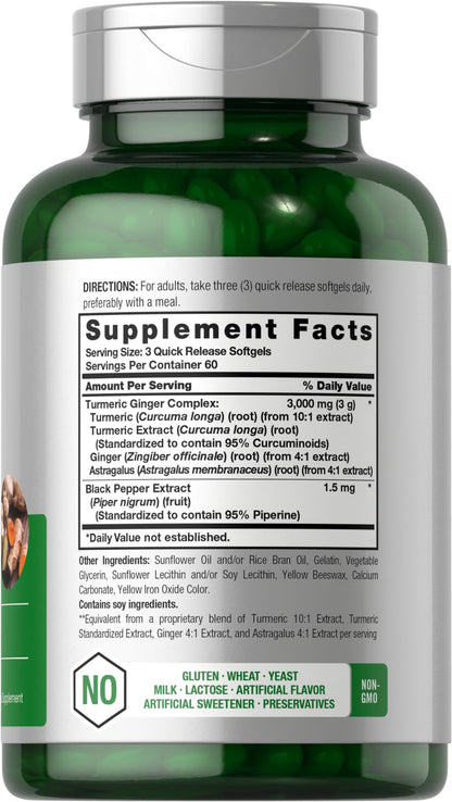 Horbäach Turmeric & Ginger Supplement 3000 mg | 180 Softgels | Black Pepper Extract | Non-GMO, Gluten Free