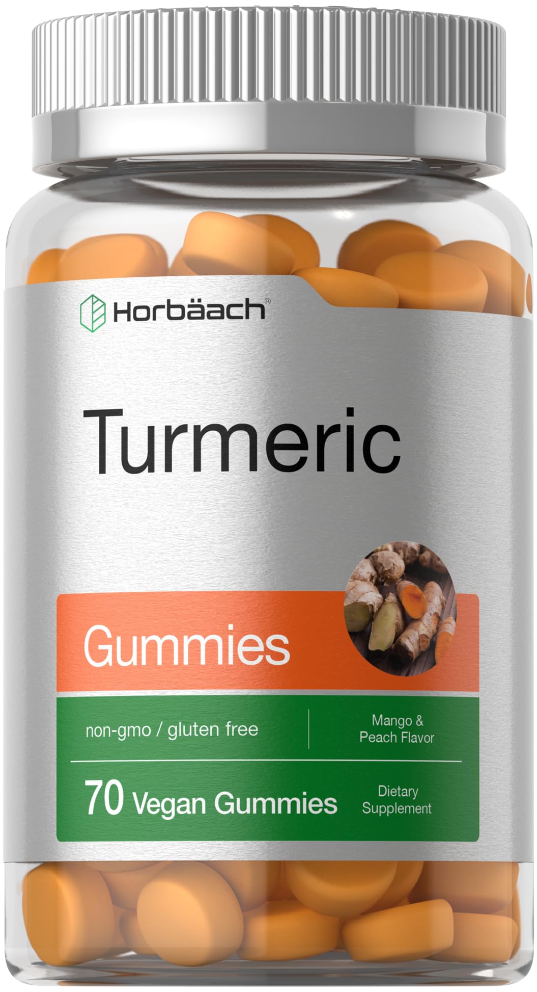 Horbäach Turmeric Gummies | 70 Count | Mango & Peach Flavor | Turmeric Curcumin with Ginger | Vegan Non-GMO & Gluten Free