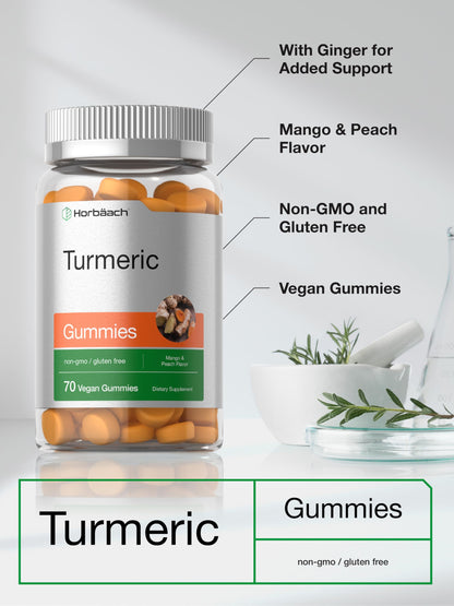Horbäach Turmeric Gummies | 70 Count | Mango & Peach Flavor | Turmeric Curcumin with Ginger | Vegan Non-GMO & Gluten Free