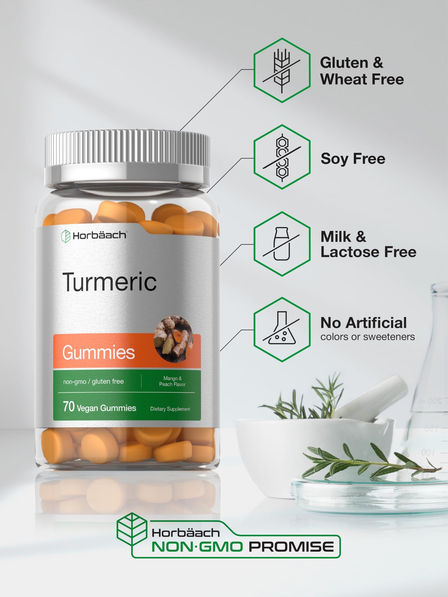 Horbäach Turmeric Gummies | 70 Count | Mango & Peach Flavor | Turmeric Curcumin with Ginger | Vegan Non-GMO & Gluten Free