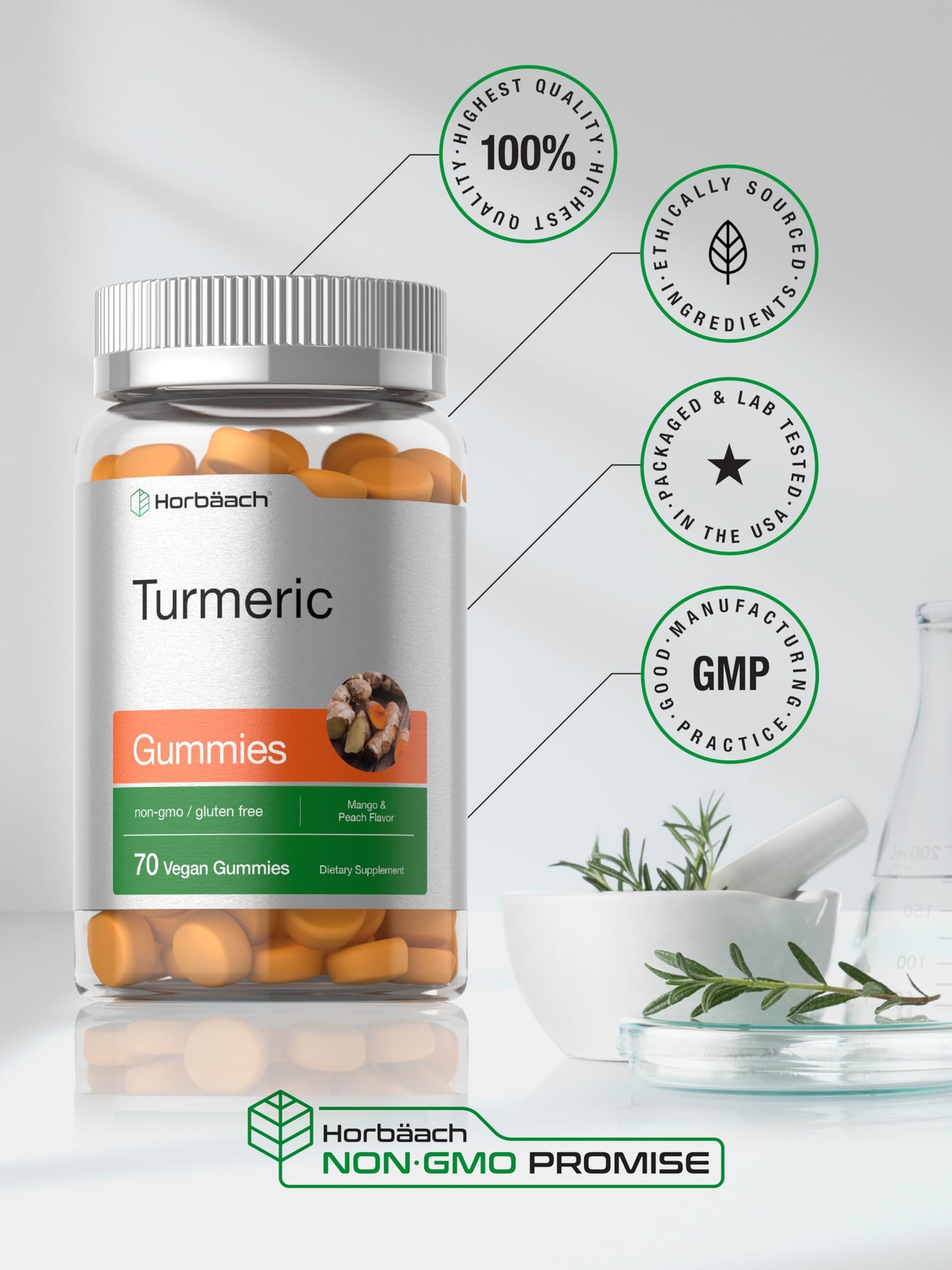 Horbäach Turmeric Gummies | 70 Count | Mango & Peach Flavor | Turmeric Curcumin with Ginger | Vegan Non-GMO & Gluten Free