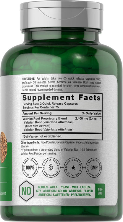 Horbäach Valerian Root Capsules | 2400 mg | 150 Count | Extract Supplement | Non-GMO, Gluten Free