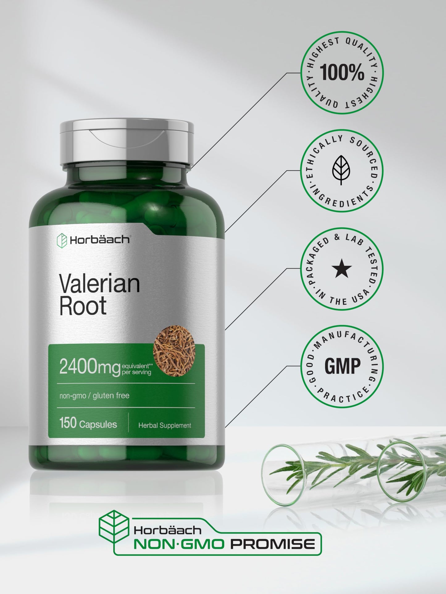 Horbäach Valerian Root Capsules | 2400 mg | 150 Count | Extract Supplement | Non-GMO, Gluten Free
