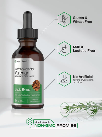 Horbäach Valerian Root Extract Drops – Alcohol Free, 2 fl oz, Super Concentrated