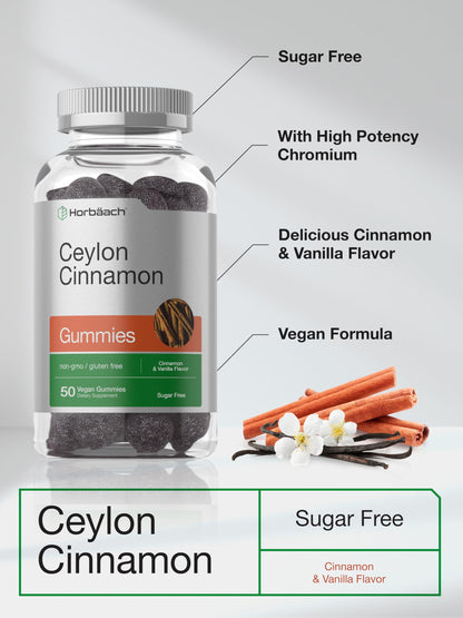 Horbäach Sugar Free Ceylon Cinnamon Gummies 2000mg | 50 Count | Vegan, Non-GMO, Gluten Free | Cinnamon & Vanilla Flavor