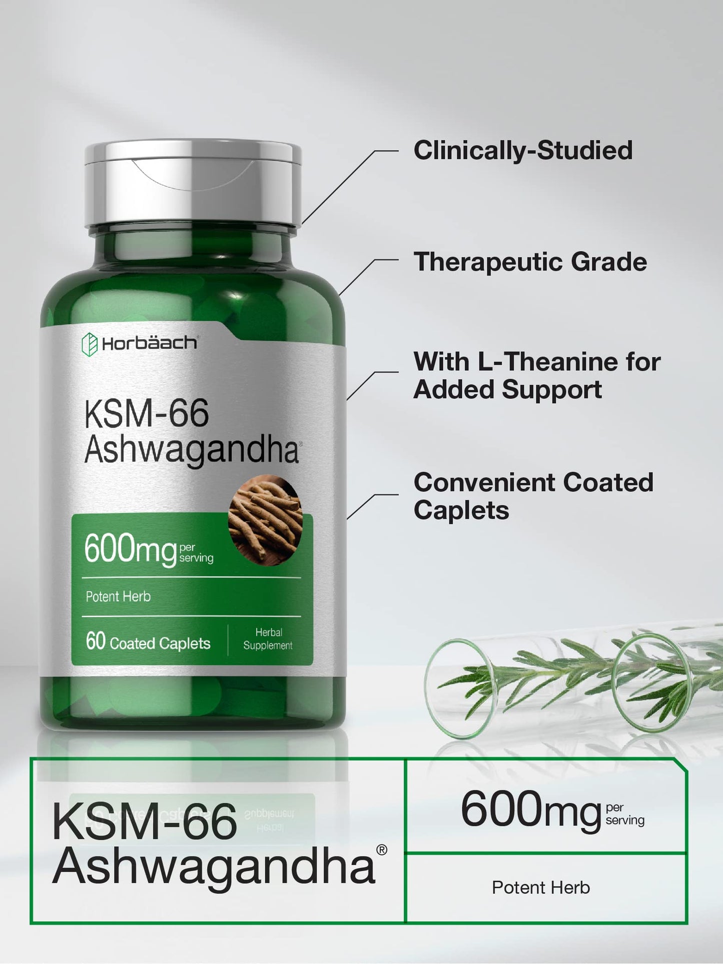 Horbäach KSM-66 Ashwagandha Caplets – 600mg | 60 Pills | L-Theanine | For Women & Men | Vegan, Non-GMO, Gluten Free | Pack of 2