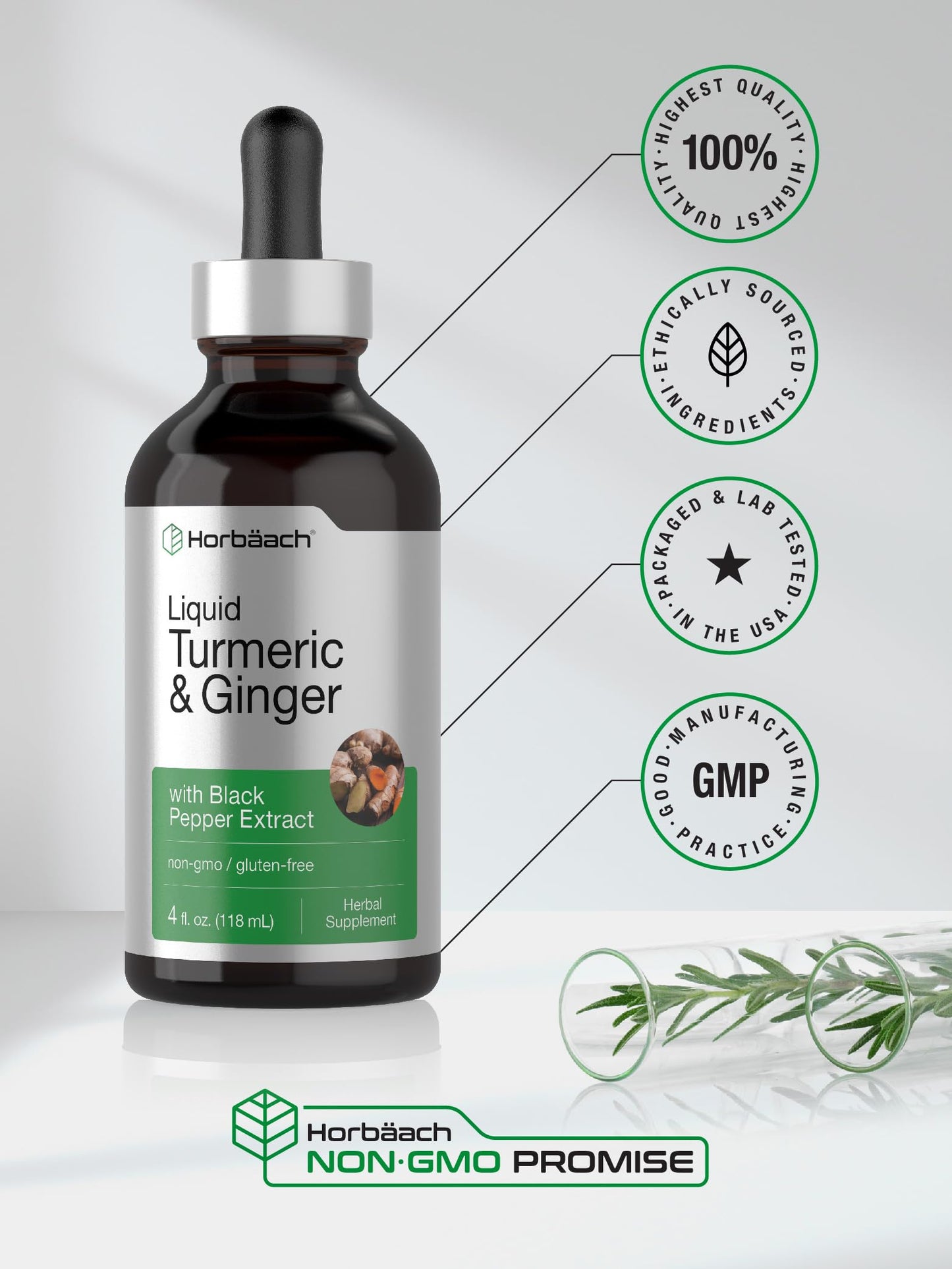 Horbaach Turmeric & Ginger Drops – 4 oz | Black Pepper Extract | Vegan & Gluten Free