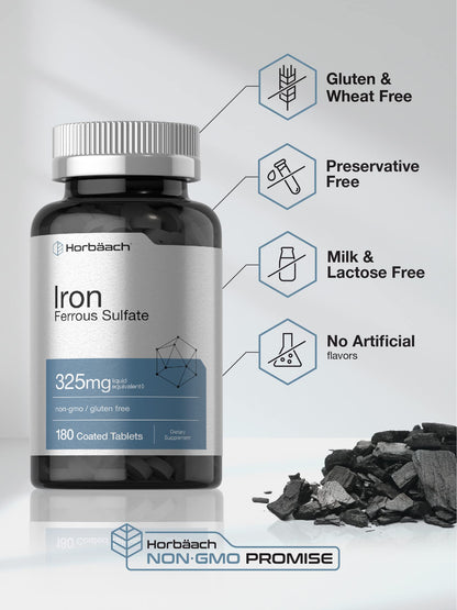 Horbäach Iron Ferrous Sulfate 325mg – 180 Count | Vegetarian, Non-GMO & Gluten Free