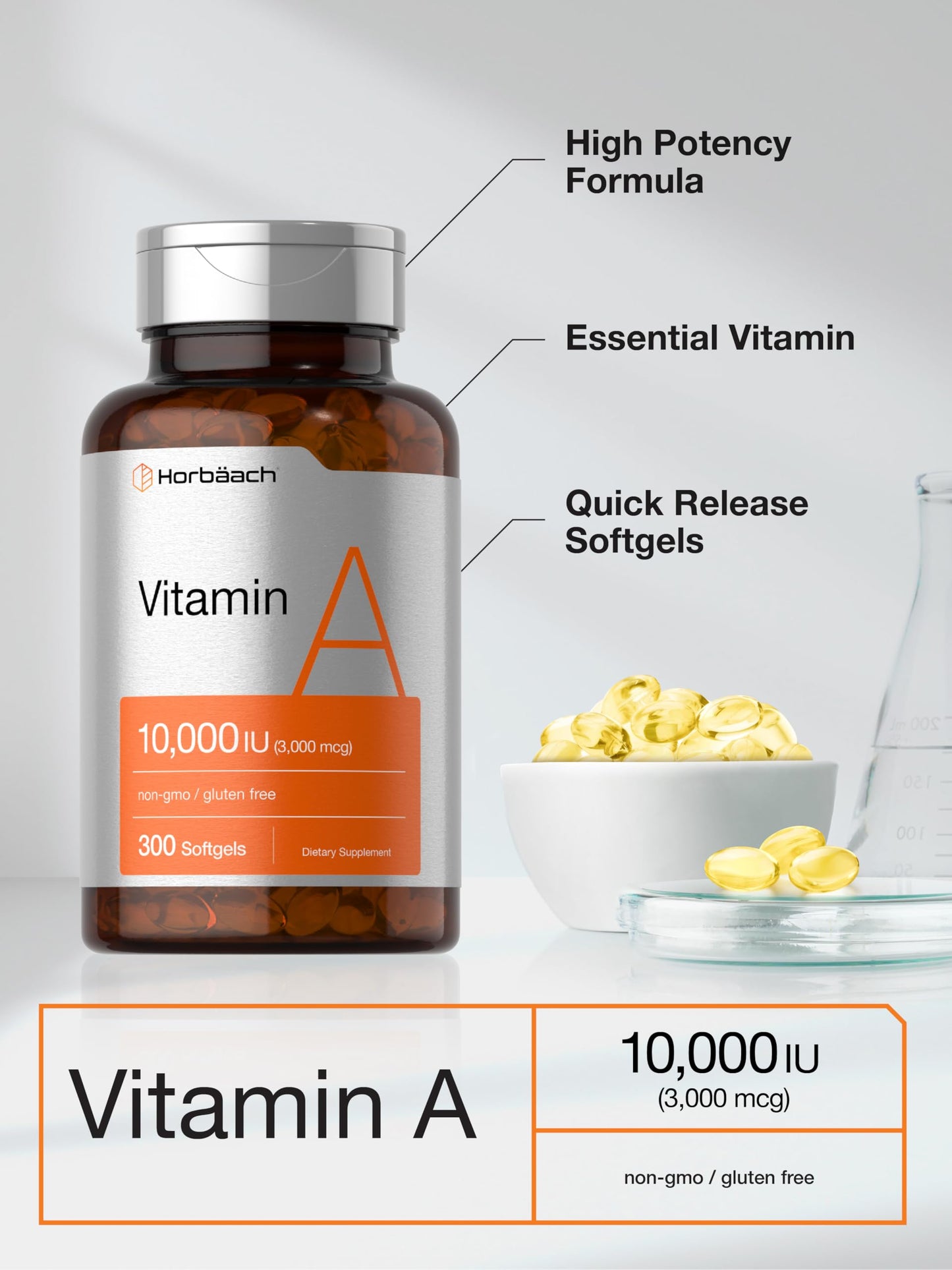Horbäach Vitamin A 10,000 IU Softgels – 300 Count | Non-GMO, Gluten Free