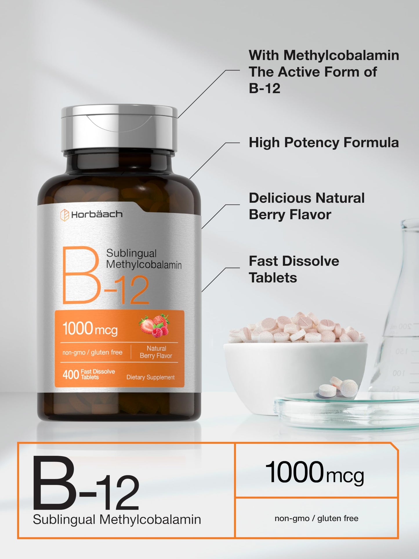 Horbaach Vitamin B12 1000 mcg Sublingual – Berry Flavor | Vegan, Gluten Free