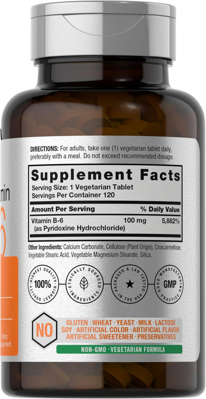 Horbaach Vitamin B6 100mg | 120 Vegetarian Tablets | Non-GMO & Gluten Free