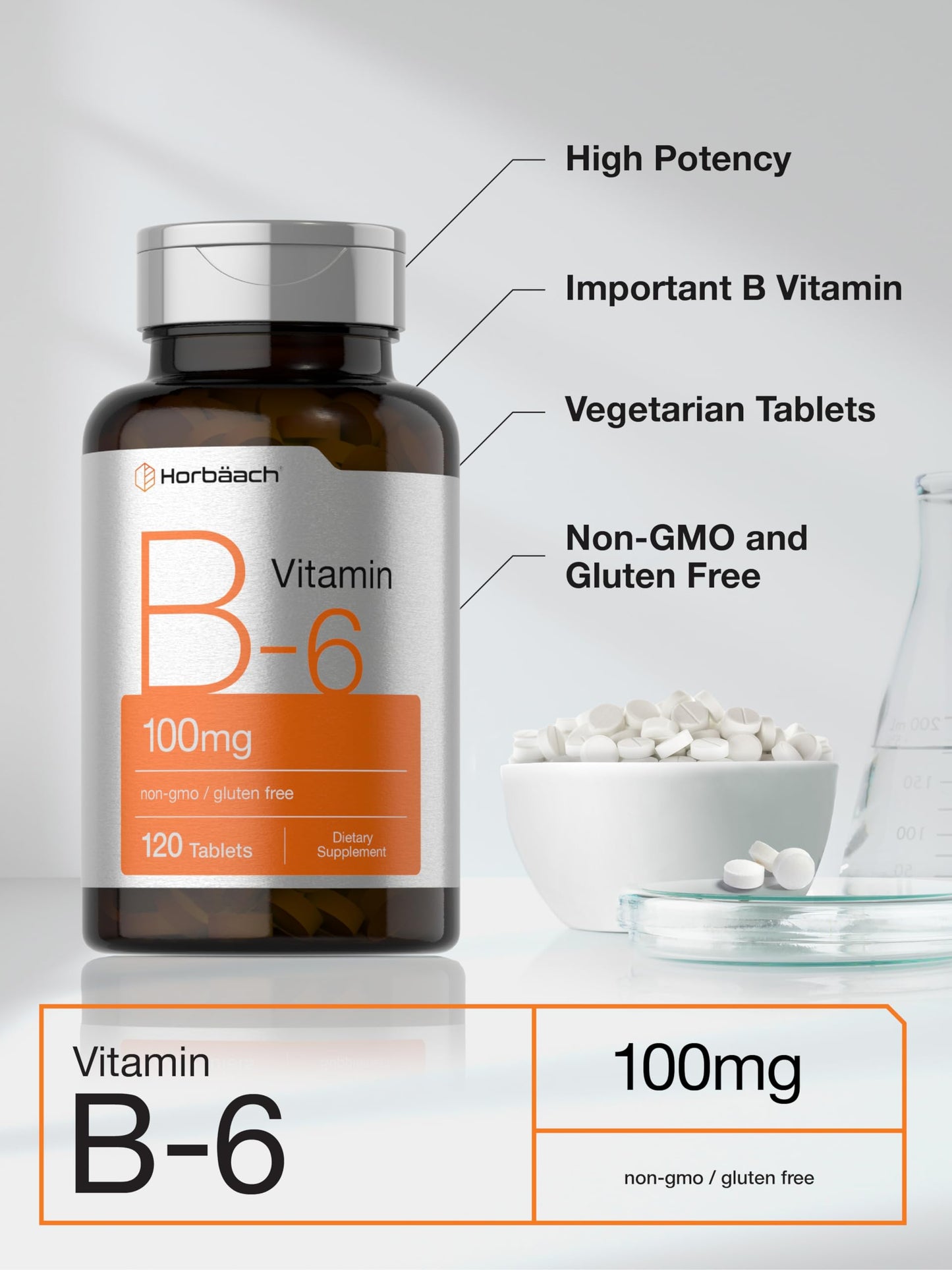 Horbaach Vitamin B6 100mg | 120 Vegetarian Tablets | Non-GMO & Gluten Free