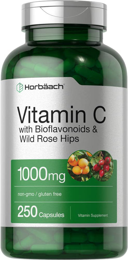 Horbäach Vitamin C 1000mg | 250 Capsules | Bioflavonoids & Rose Hips | Non-GMO Gluten Free