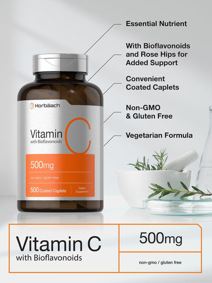 Horbaach Vitamin C 500mg - 500 Caplets with Bioflavonoids & Rose Hips | Vegetarian, Non-GMO, Gluten Free