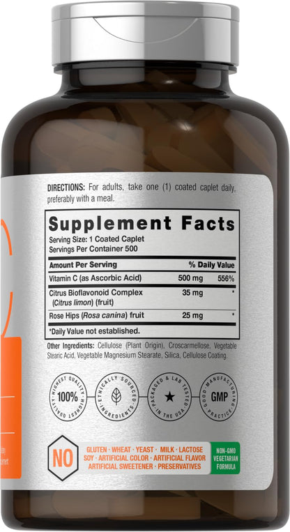 Horbaach Vitamin C 500mg - 500 Caplets with Bioflavonoids & Rose Hips | Vegetarian, Non-GMO, Gluten Free