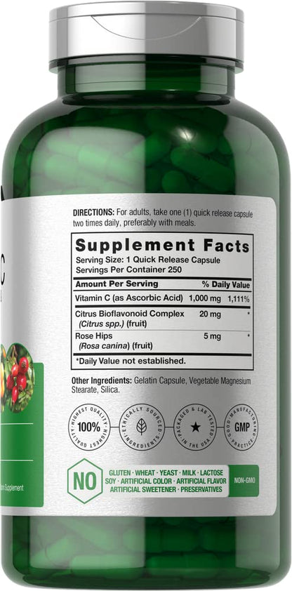 Horbäach Vitamin C 1000mg | 250 Capsules | Bioflavonoids & Rose Hips | Non-GMO Gluten Free