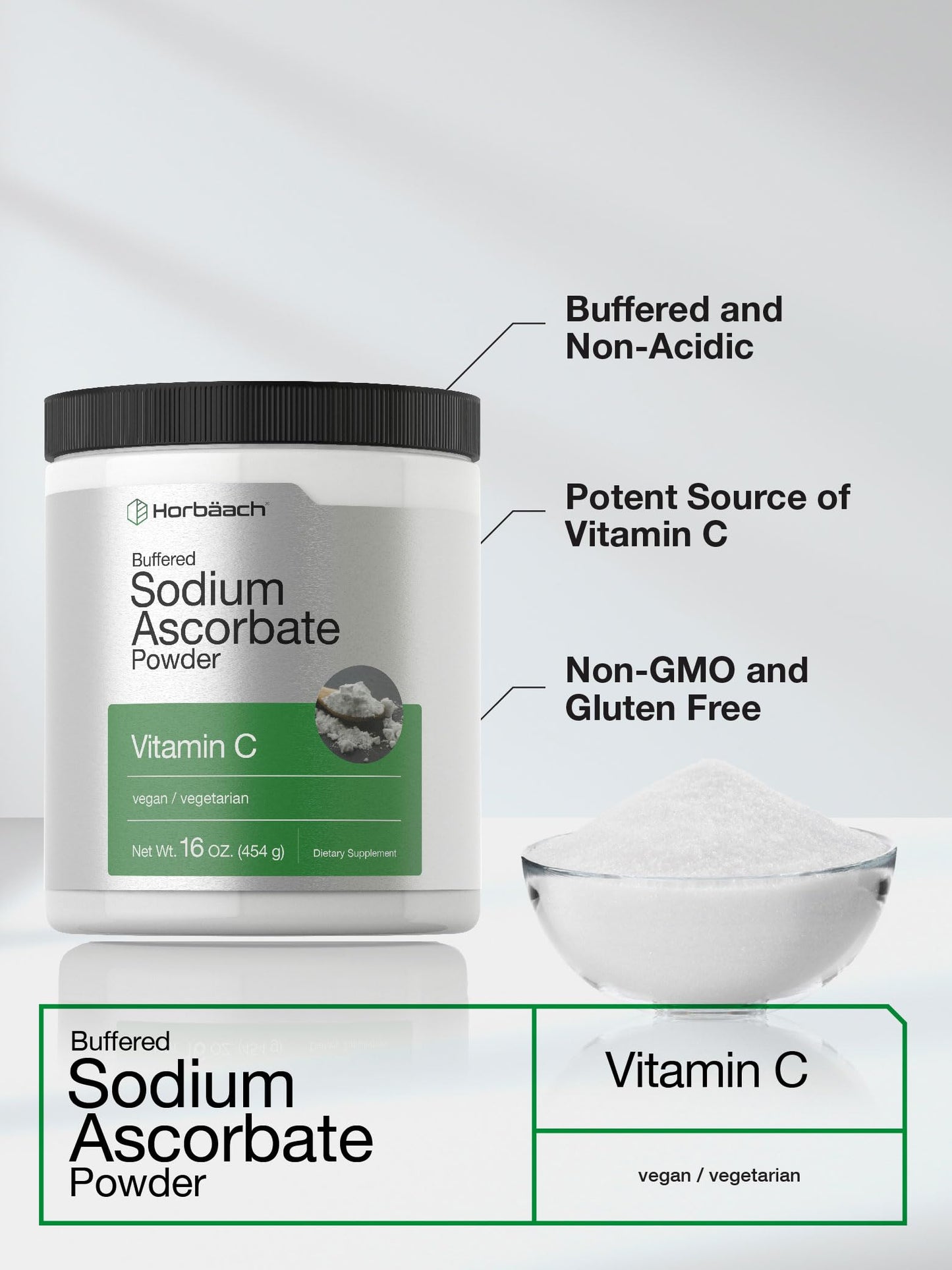 Horbäach Buffered Sodium Ascorbate Vitamin C Powder 16 oz – Vegan, Non-GMO, Gluten Free