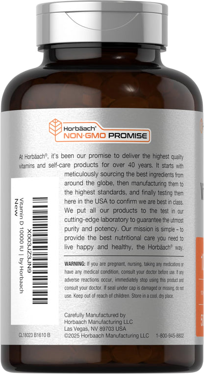 Horbäach Vitamin D3 10000 IU – 500 Softgels | Non-GMO, Gluten Free