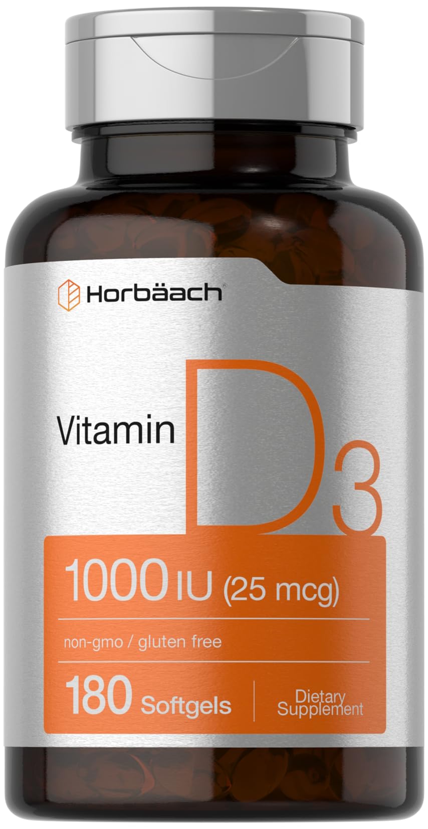 Horbäach Vitamin D3 1000IU Softgels – 180 Count, Non-GMO & Gluten Free