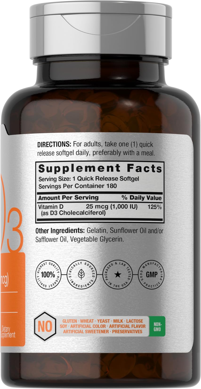 Horbäach Vitamin D3 1000IU Softgels – 180 Count, Non-GMO & Gluten Free