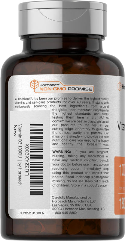 Horbäach Vitamin D3 1000IU Softgels – 180 Count, Non-GMO & Gluten Free