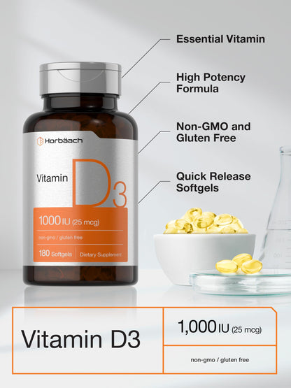 Horbäach Vitamin D3 1000IU Softgels – 180 Count, Non-GMO & Gluten Free