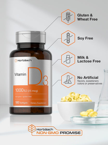 Horbäach Vitamin D3 1000IU Softgels – 180 Count, Non-GMO & Gluten Free