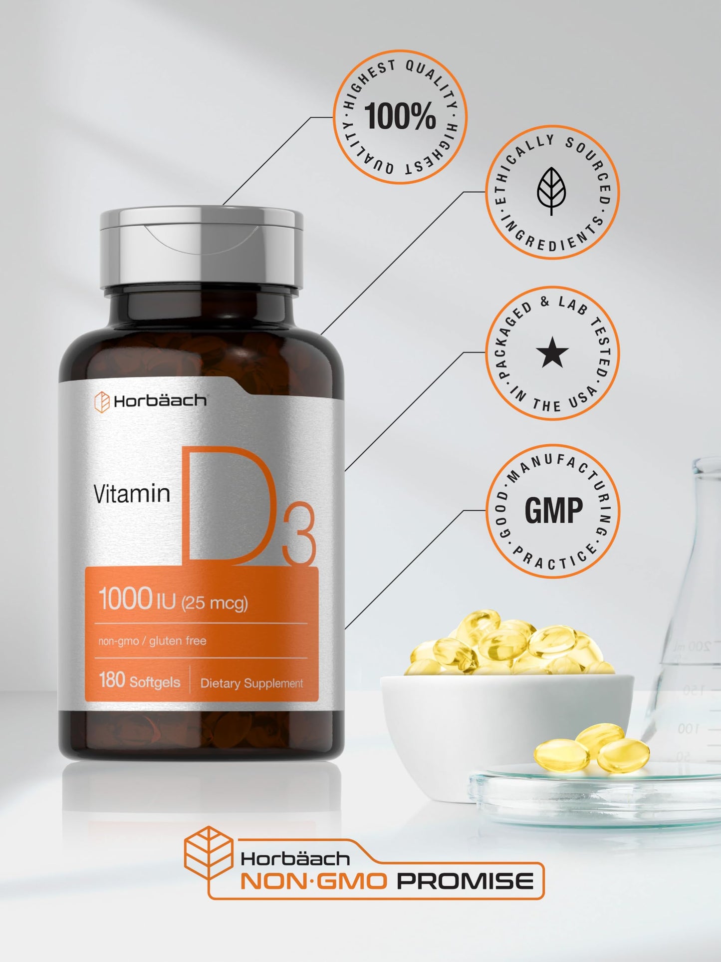 Horbäach Vitamin D3 1000IU Softgels – 180 Count, Non-GMO & Gluten Free