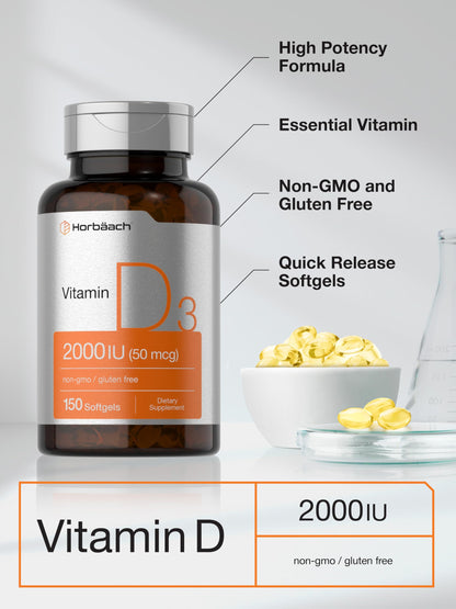 Horbaach Vitamin D3 2000IU Softgels | 150 Count | 50 mcg Cholecalciferol | Non-GMO & Gluten Free