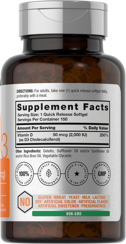 Horbaach Vitamin D3 2000IU Softgels | 150 Count | 50 mcg Cholecalciferol | Non-GMO & Gluten Free