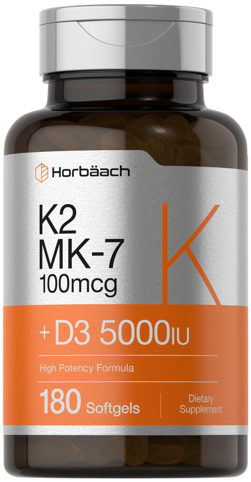 Horbäach Vitamin D3 K2 5000 IU | 100 mcg MK-7 | 180 Softgels | Non-GMO & Gluten Free