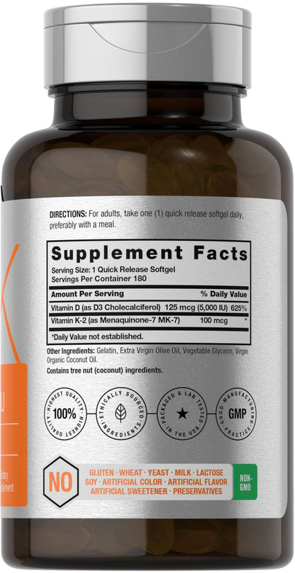 Horbäach Vitamin D3 K2 5000 IU | 100 mcg MK-7 | 180 Softgels | Non-GMO & Gluten Free
