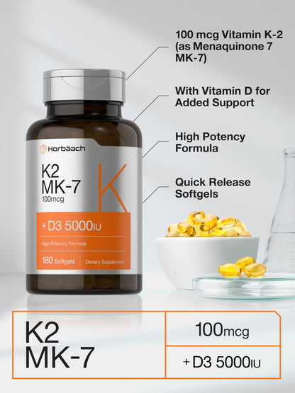 Horbäach Vitamin D3 K2 5000 IU | 100 mcg MK-7 | 180 Softgels | Non-GMO & Gluten Free
