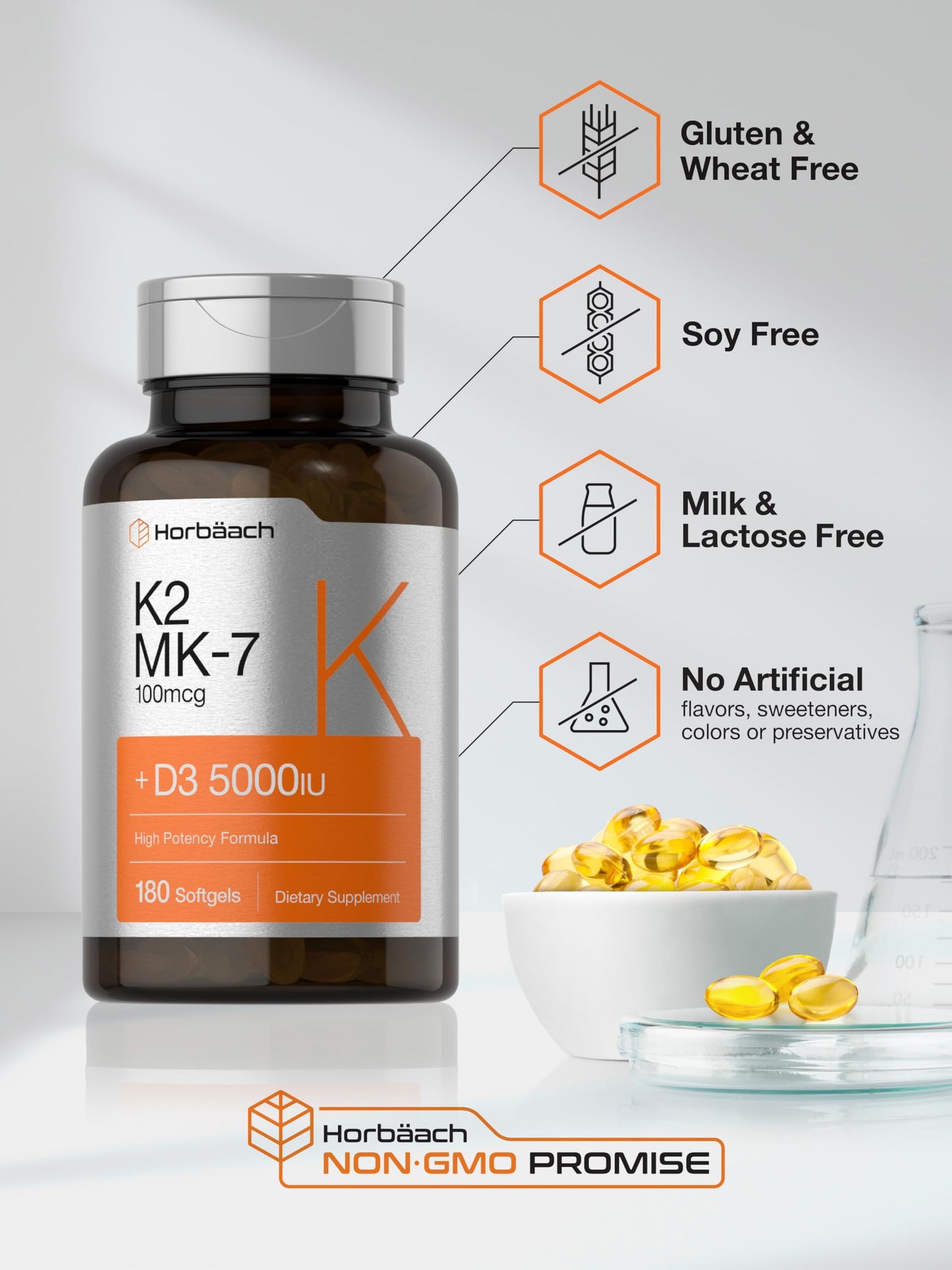 Horbäach Vitamin D3 K2 5000 IU | 100 mcg MK-7 | 180 Softgels | Non-GMO & Gluten Free
