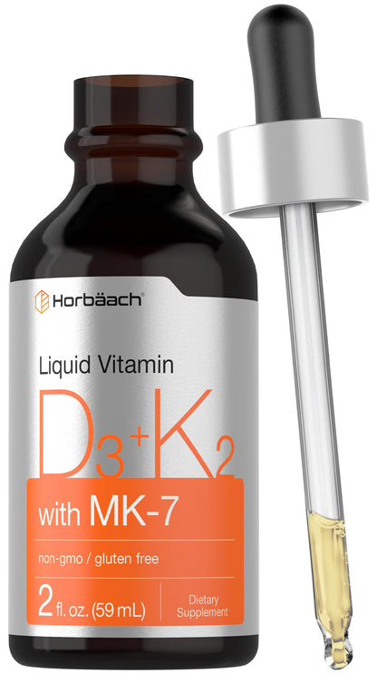 Horbäach Vitamin D3 K2 Liquid Drops with MK-7 – 2 oz | Vegetarian, Non-GMO, Gluten Free