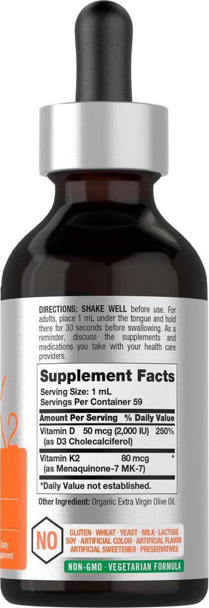 Horbäach Vitamin D3 K2 Liquid Drops with MK-7 – 2 oz | Vegetarian, Non-GMO, Gluten Free
