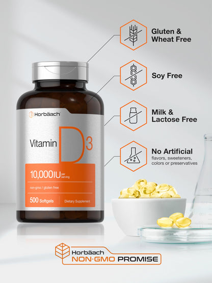 Horbäach Vitamin D3 10000 IU – 500 Softgels | Non-GMO, Gluten Free