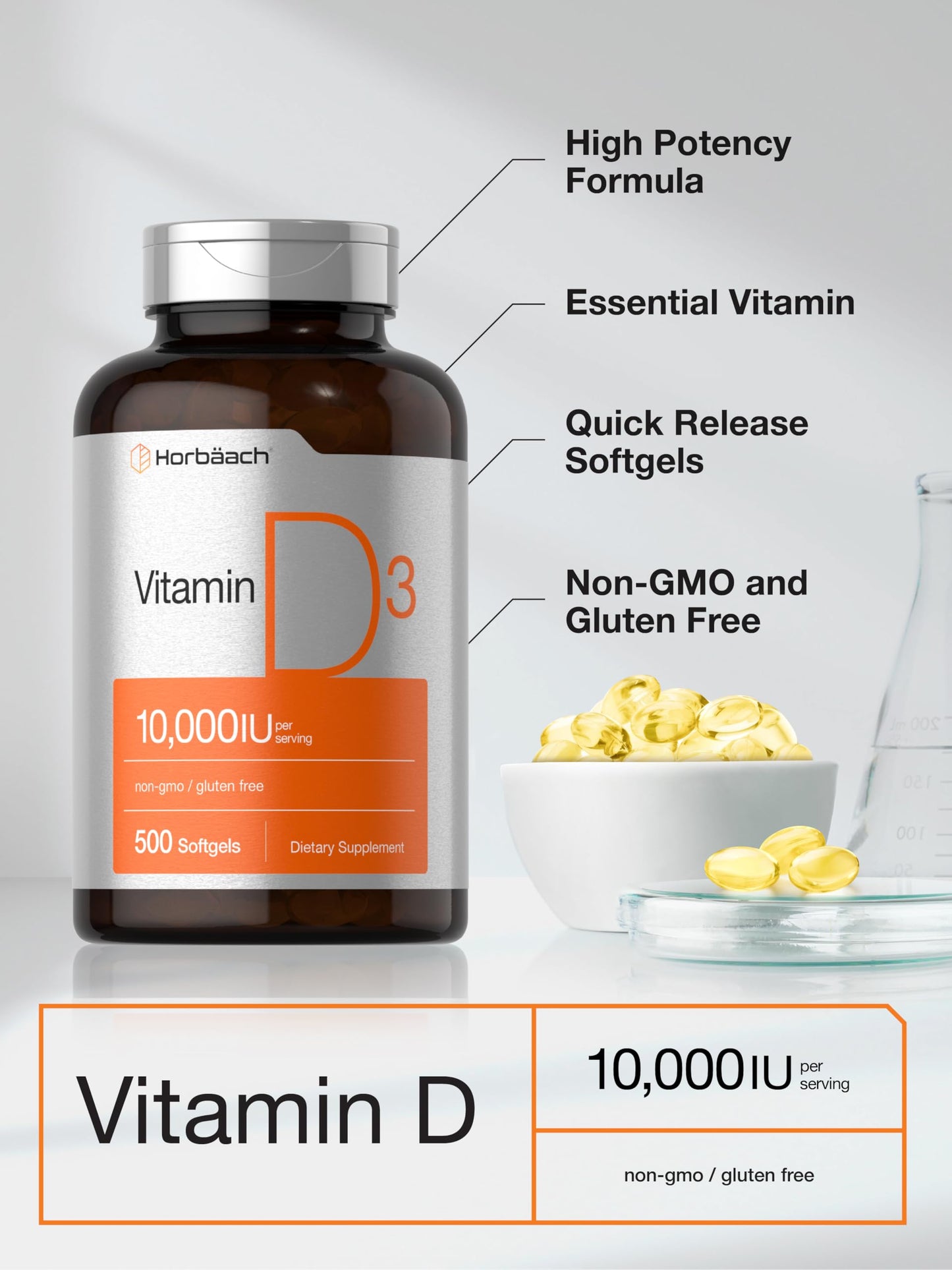 Horbäach Vitamin D3 10000 IU – 500 Softgels | Non-GMO, Gluten Free