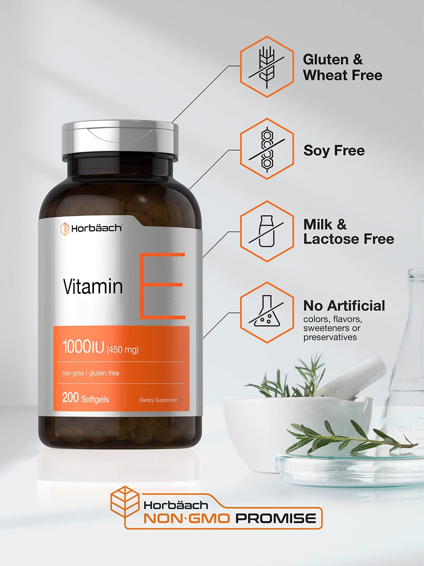 Horbäach Vitamin E 1000 IU Softgels – 200 Count | Non-GMO, Gluten Free