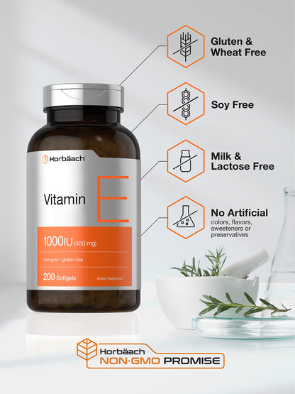 Horbäach Vitamin E 1000 IU Softgels – 200 Count | Non-GMO, Gluten Free