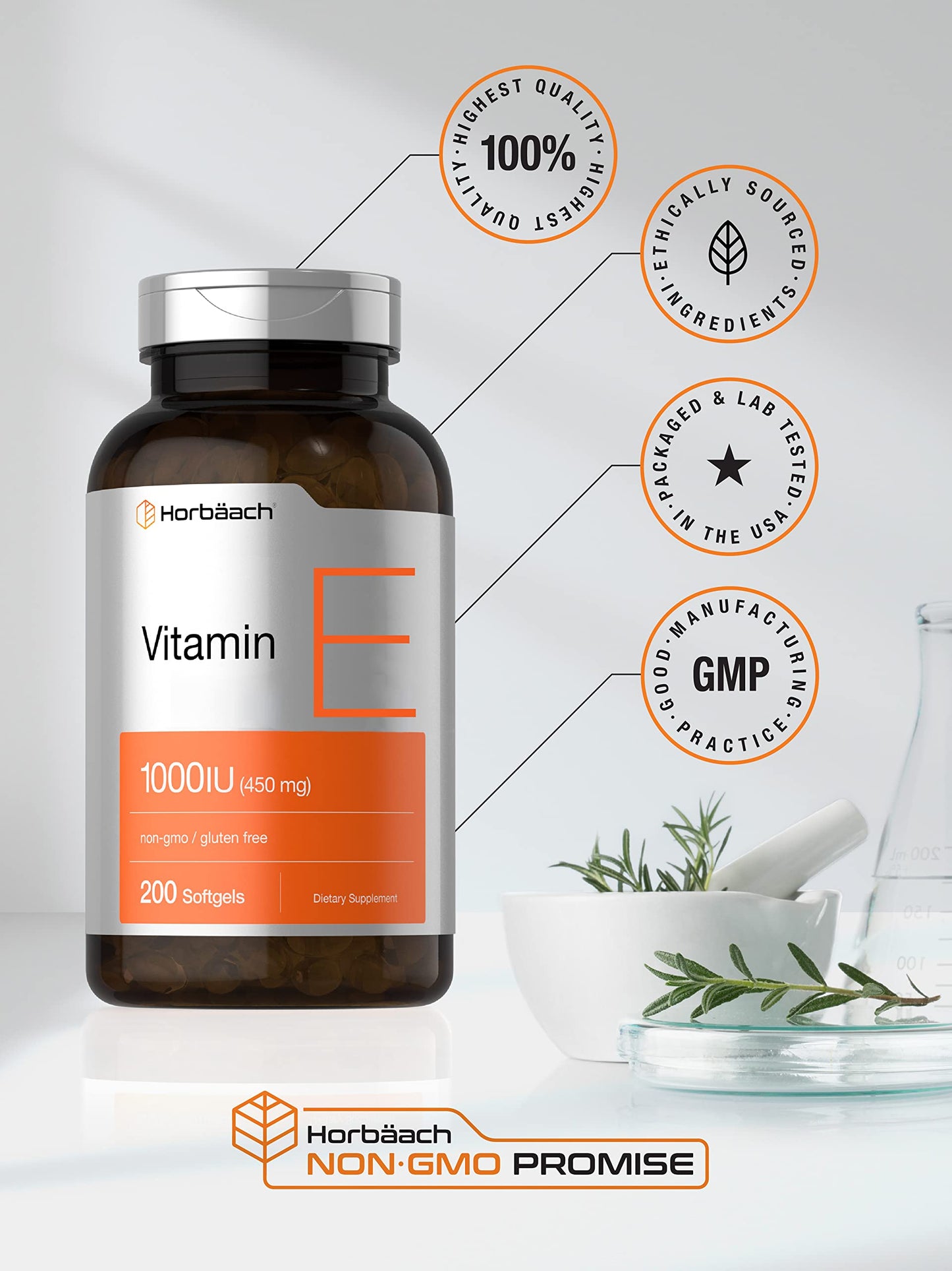 Horbäach Vitamin E 1000 IU Softgels – 200 Count | Non-GMO, Gluten Free