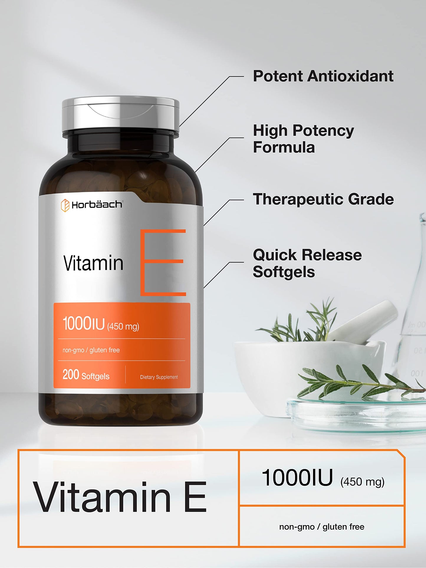 Horbäach Vitamin E 1000 IU Softgels – 200 Count | Non-GMO, Gluten Free