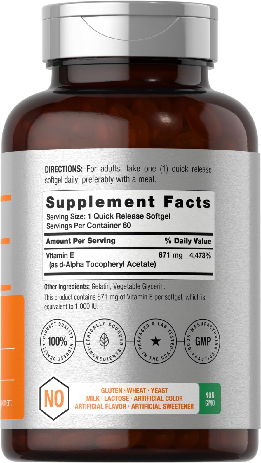 Horbäach Vitamin E 1000 IU Softgels – 60 Count | Non-GMO, Gluten-Free, D-Alpha Tocopherol