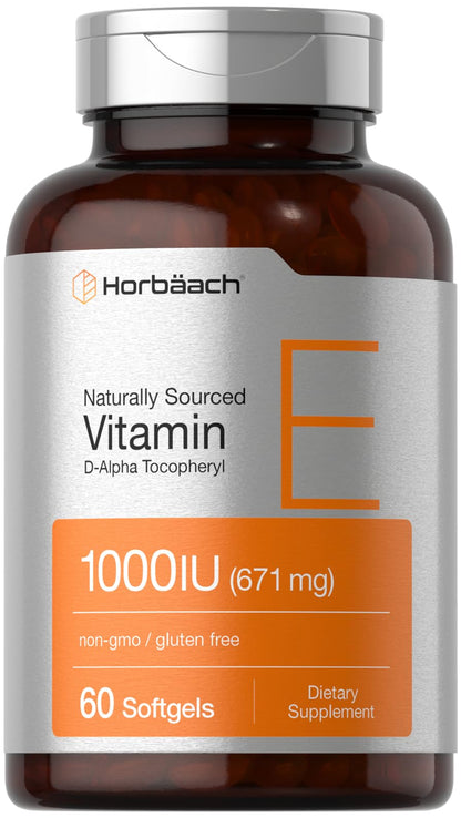 Horbäach Vitamin E 1000 IU Softgels – 60 Count | Non-GMO, Gluten-Free, D-Alpha Tocopherol